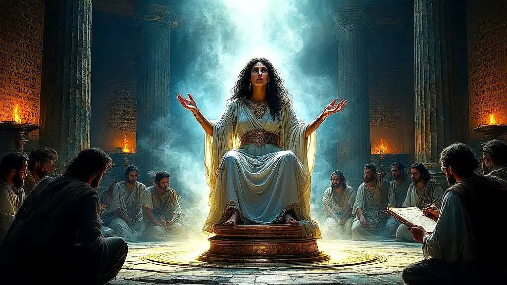 Priestess Pythia delivers prophecy in Delphi’s glowing temple.