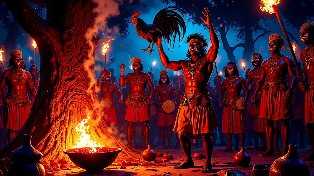 Priests perform a chaotic Ekwensu ritual under torchlight.