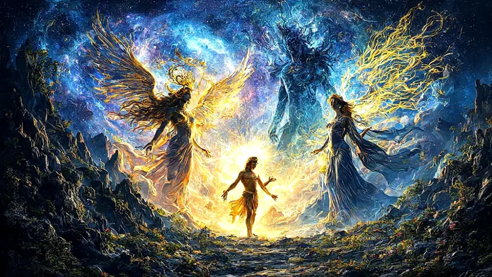 Primordial Greek gods emerging from cosmic chaos.