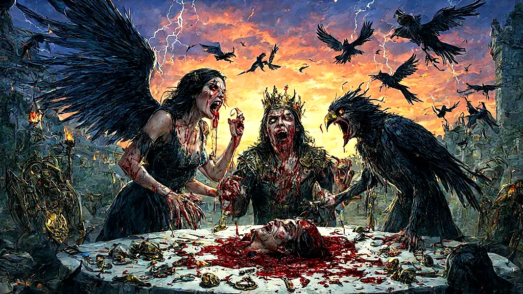 Procne and Philomela transform into vampiric striges, seeking revenge.