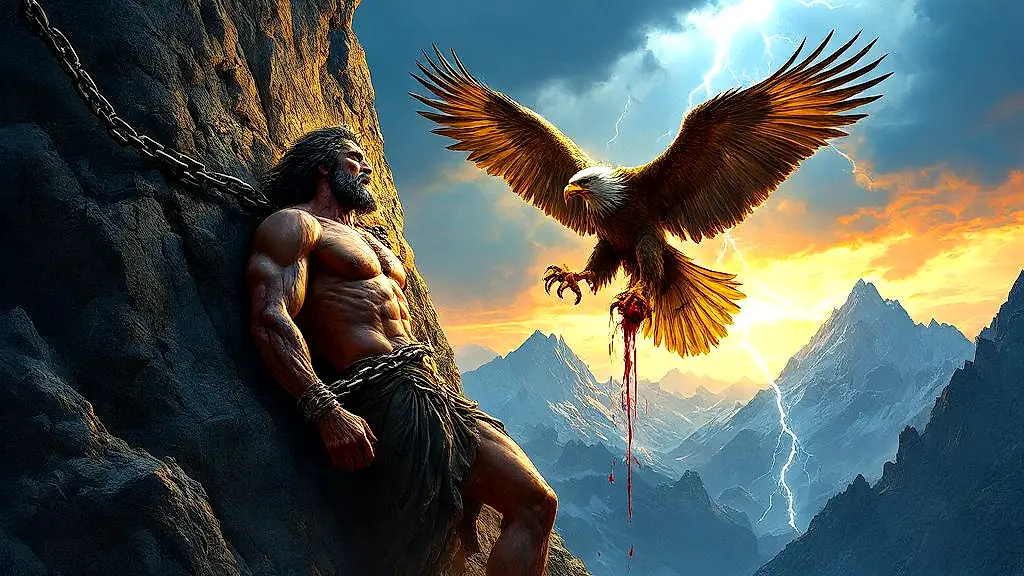 Prometheus chained as eagle devours his regenerating liver.
