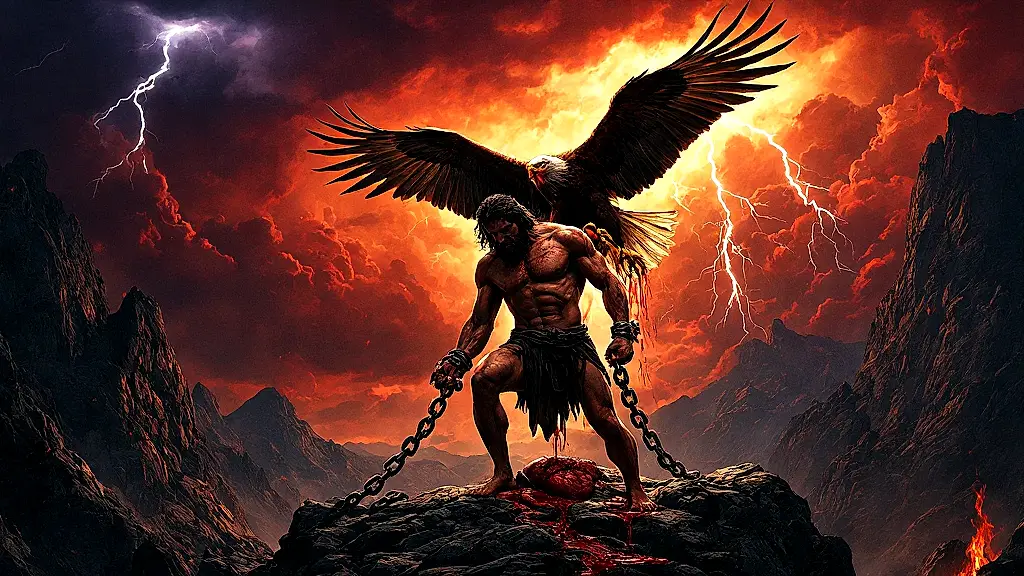 Prometheus chained, eagle devouring his liver, stormy sky.