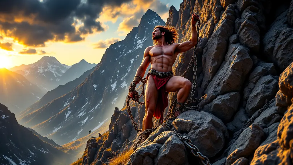 Prometheus chained, eagle devouring liver, dramatic stormy Caucasus Mountains.