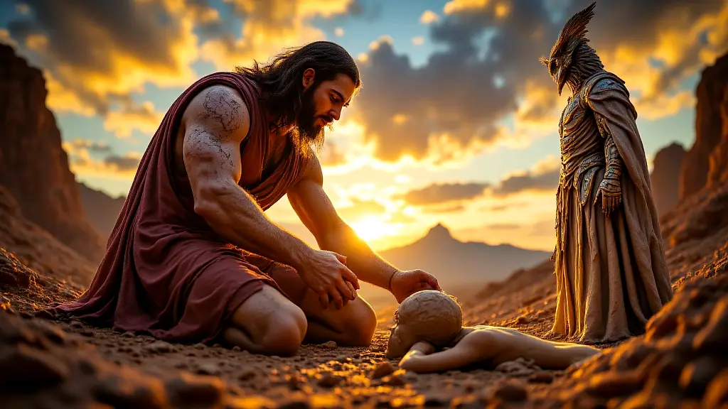 Prometheus crafting humans from clay with Athena’s aid.