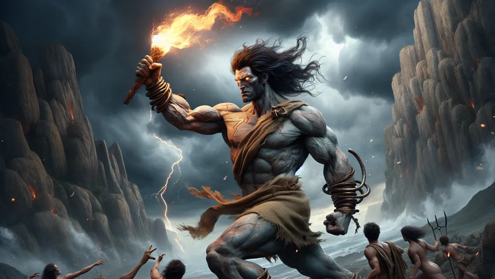 Prometheus Holding A Flaming Torch Surrounded By Stormy Mountains And Awed Humans