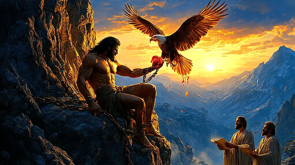 Prometheus’ liver regeneration myth, divine eagle, ancient physicians observing.
