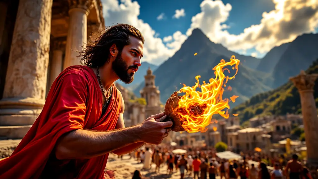 Prometheus stealing fire for humanity in Greek mythology.