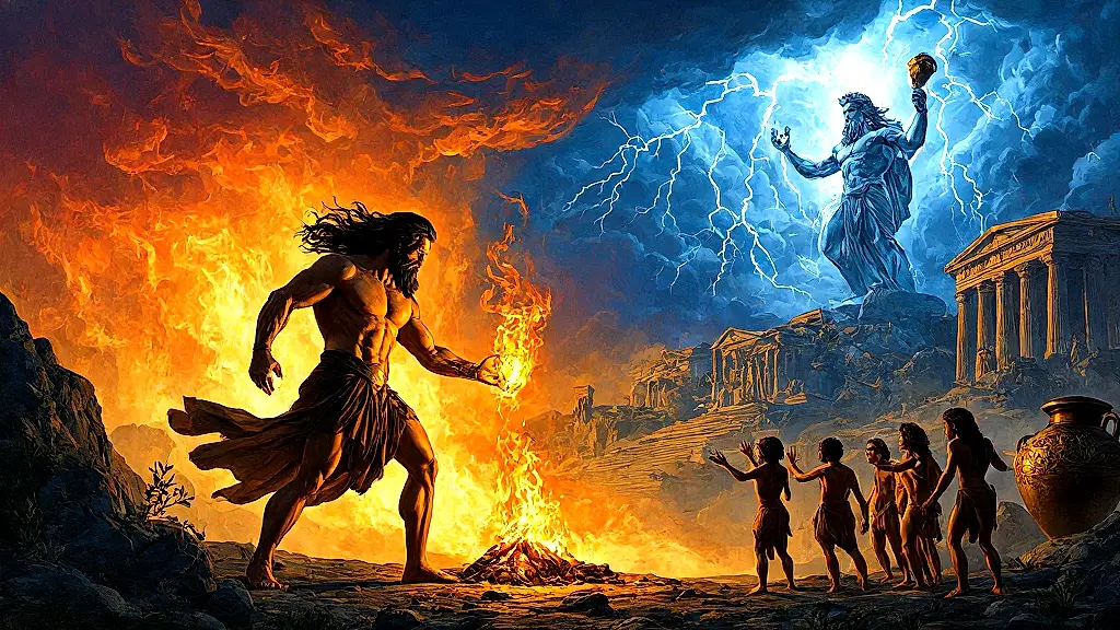 Prometheus steals fire, gifts it to awestruck humans.