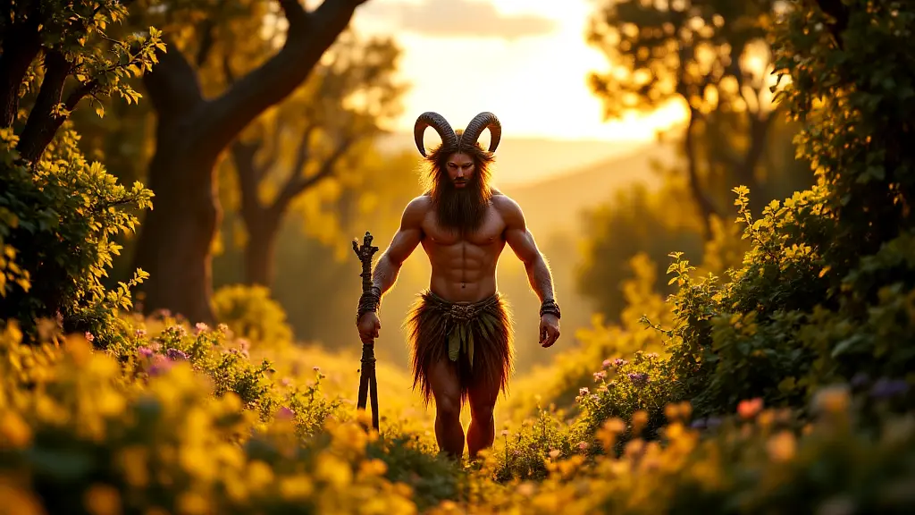 Proud satyr Ampelus in vibrant Greek forest holding thyrsus.