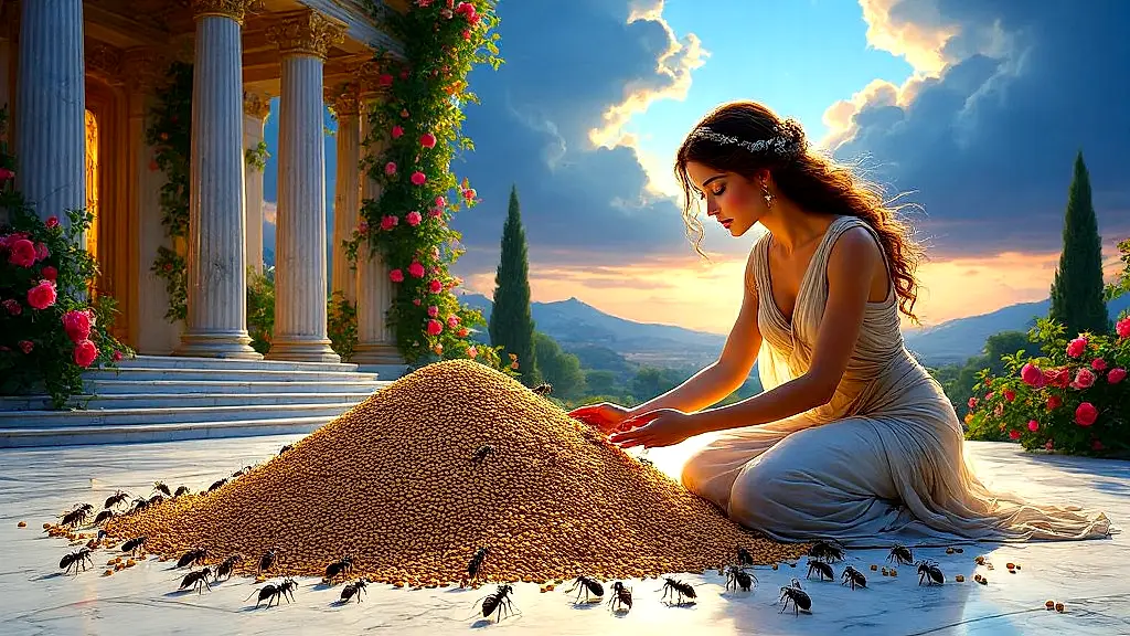 Psyche and ants sorting grains for Aphrodite's challenge.