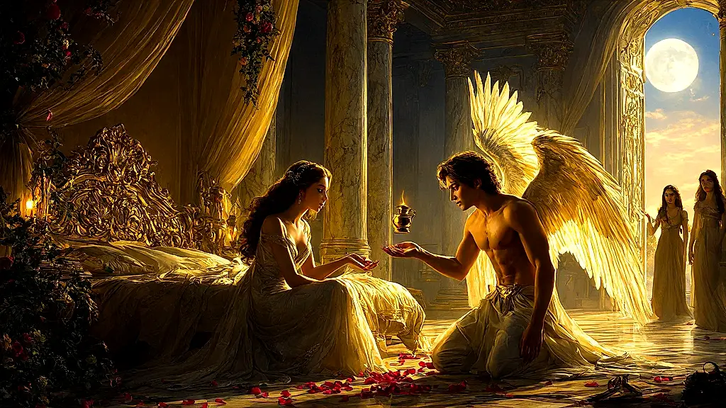 Psyche discovers Eros with a lamp, betraying his trust.