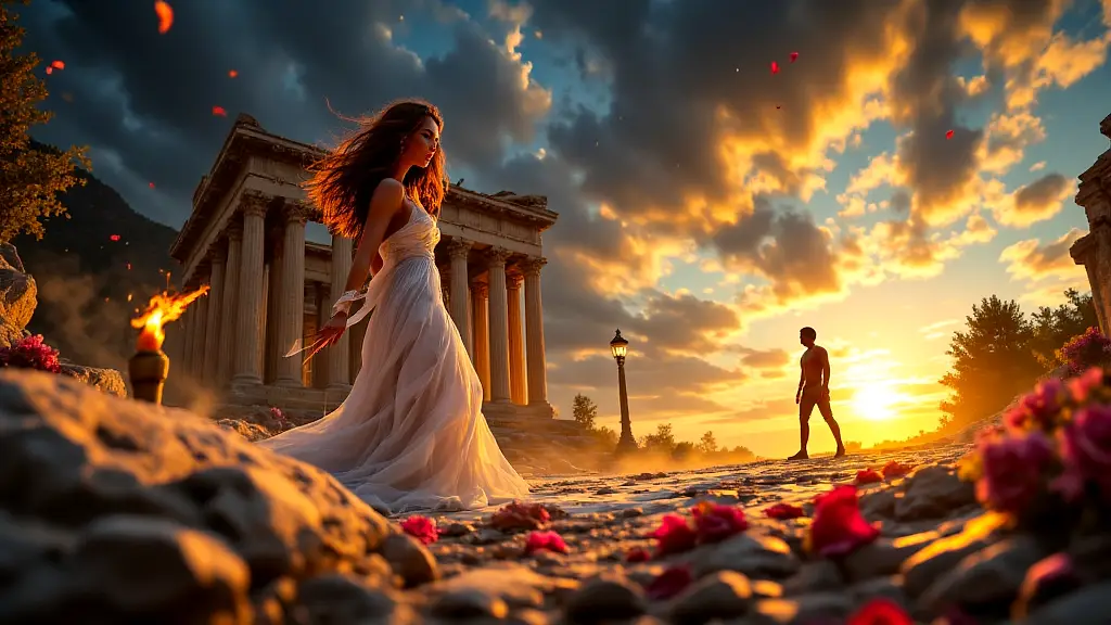 Psyche facing Aphrodite’s trials, Eros watching sorrowfully.