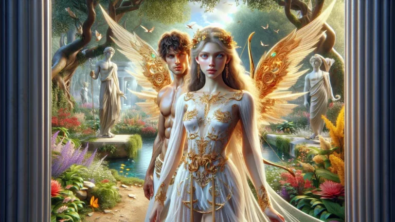 Psyche With Golden Hair And Wings In An Enchanted Garden With Eros