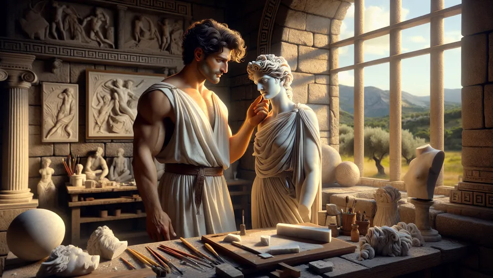 Pygmalion Gazing Lovingly At His Statue Galatea In An Ancient Workshop