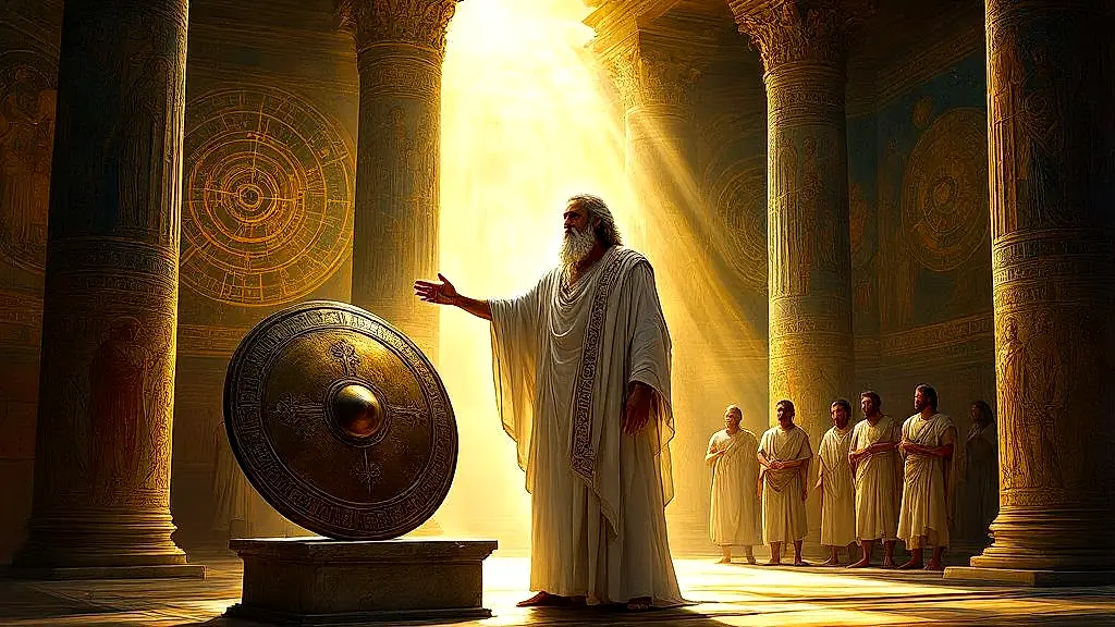 Pythagoras recognizing his past-life shield in temple.