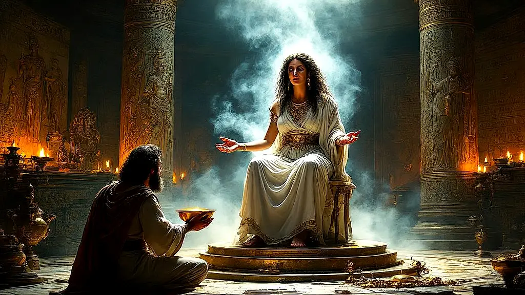 Pythia giving prophecy at Delphi in mystical trance.
