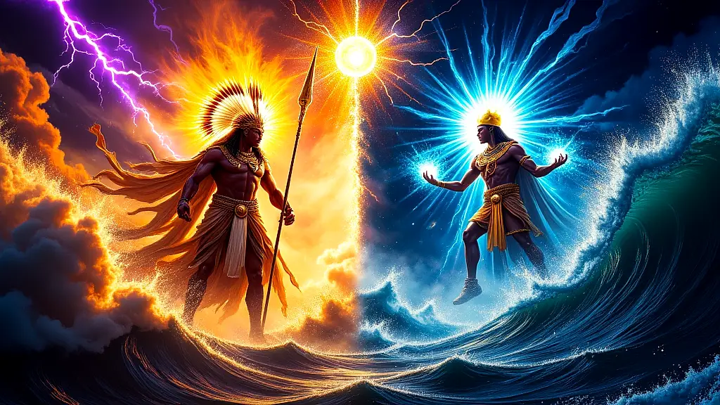 Qamata and Atum rising from primordial chaos, epic mythology scene.