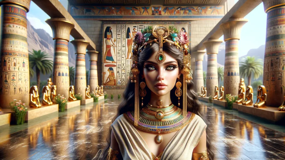 Qetesh, Egyptian Goddess of Love, in an opulent temple setting.