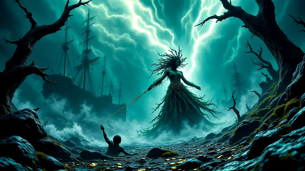 Rán ensnares drowned sailors in her net beneath the stormy sea.