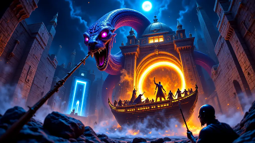 Ra battles Apep in the Duat underworld at night.