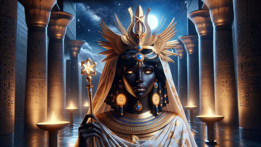 Regal Egyptian goddess Sopdet with headdress, starry night, and temple.