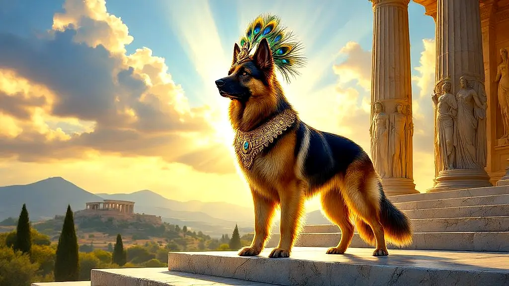 Regal German Shepherd as Hera on temple steps.
