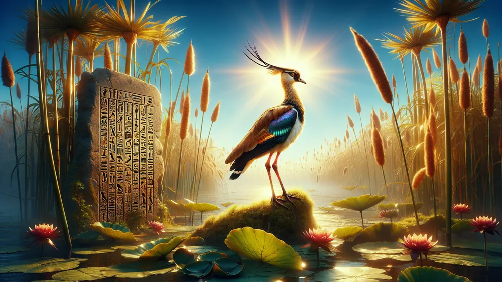 Rekhyt Bird In Ancient Egyptian Marshland With Hieroglyphs In The Background