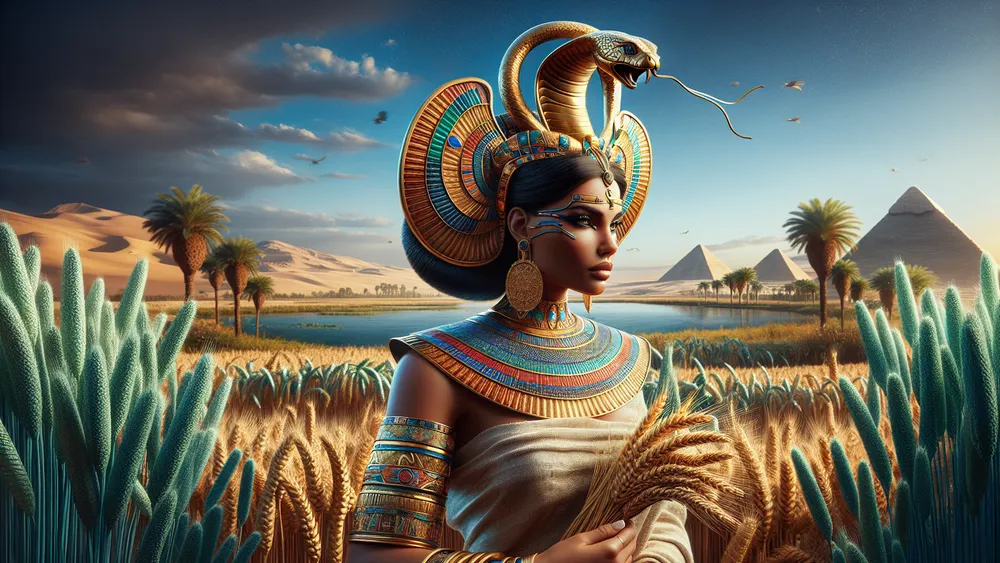 Renenutet The Egyptian Goddess Of Nourishment In An Ancient Egyptian Landscape