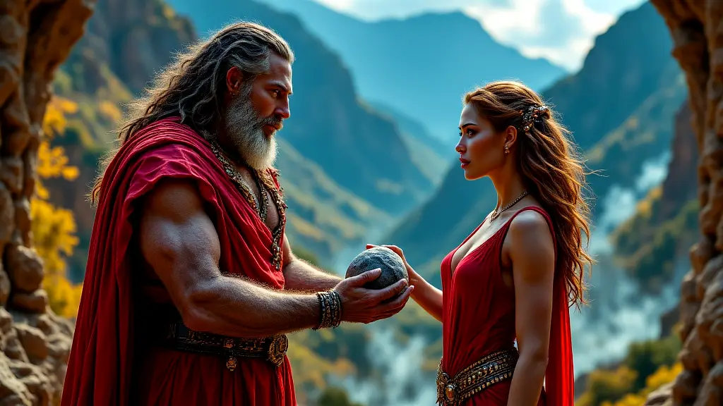 Rhea tricking Cronus with a stone to save baby Zeus.