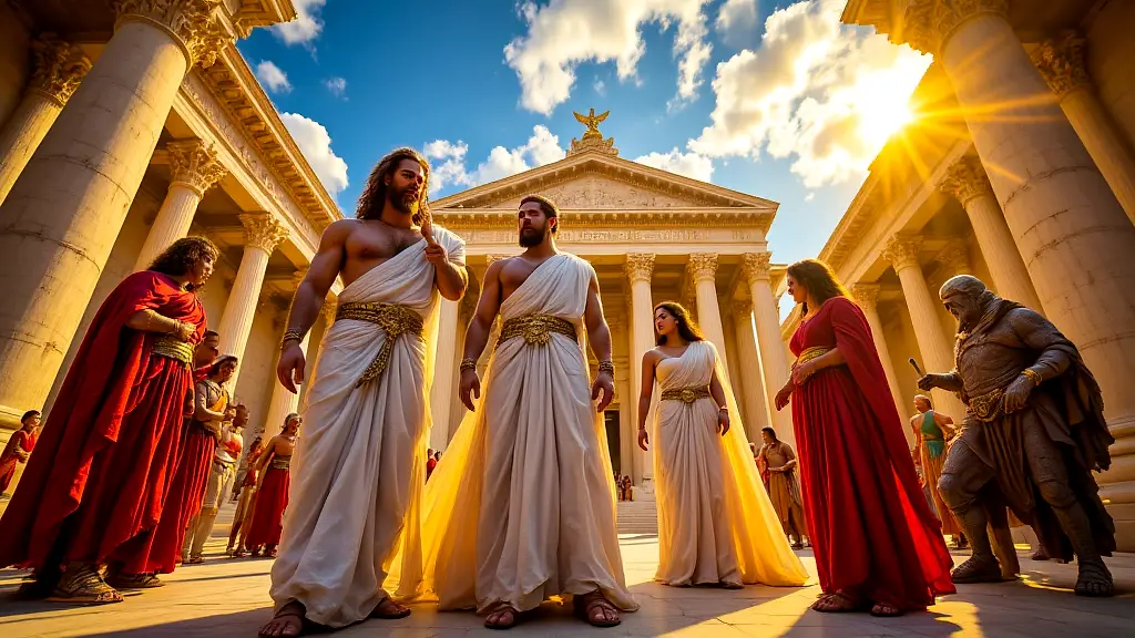 Roman and Greek gods uniting in a grand temple.