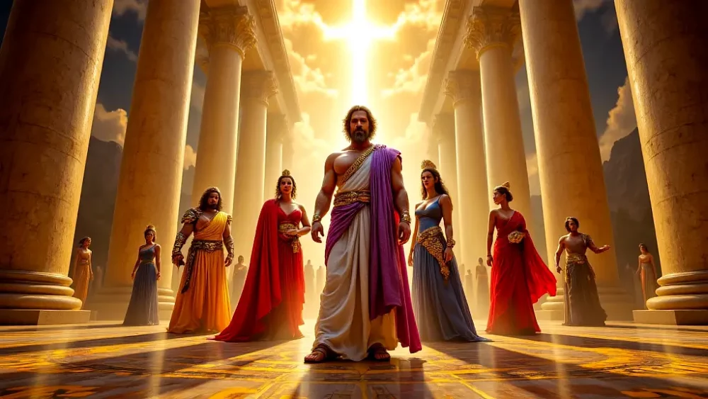 Roman gods in celestial hall, vibrant and majestic.