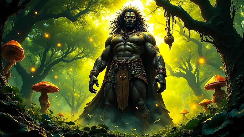 Roog, the African root spirit, stands majestic in a sacred grove.