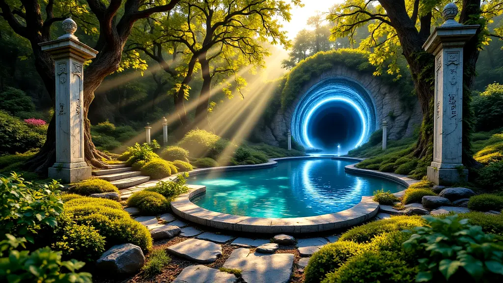 Sacred grove of the Muses with divine light and vibrant colors.