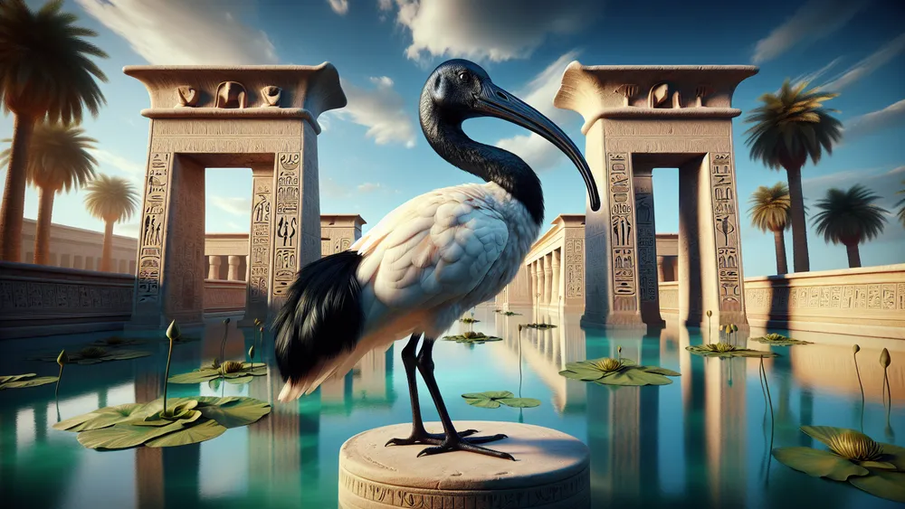 Sacred Ibis Standing On A Pedestal In An Ancient Egyptian Temple