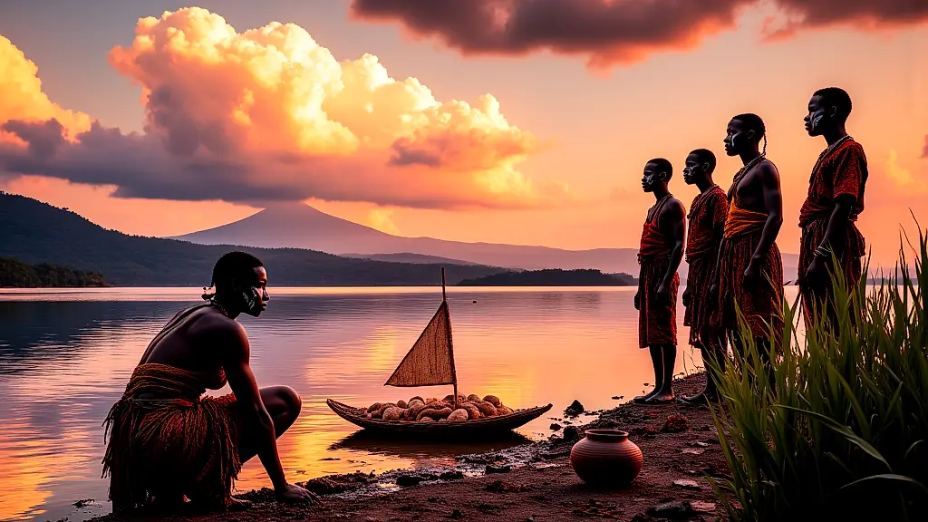 Sacred Lake Chiuta reflects sky at sunset, villagers offer millet cakes.