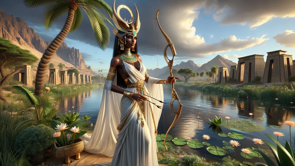 Satet Egyptian Goddess Of Water And Archery By The Nile River