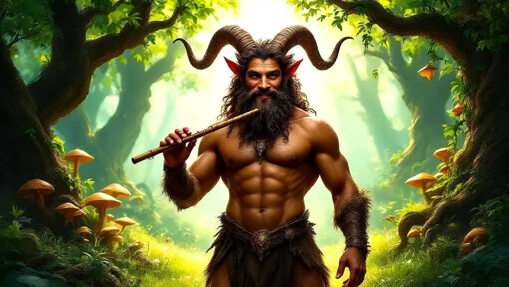 Satyr playing pan flute in enchanted forest.