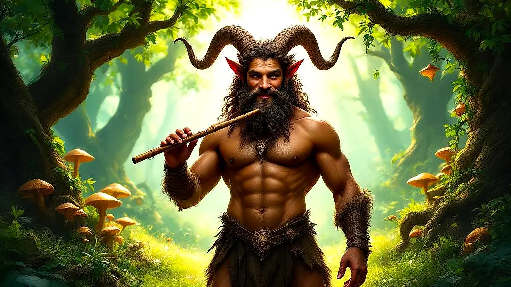 Satyr playing pan flute in enchanted forest.