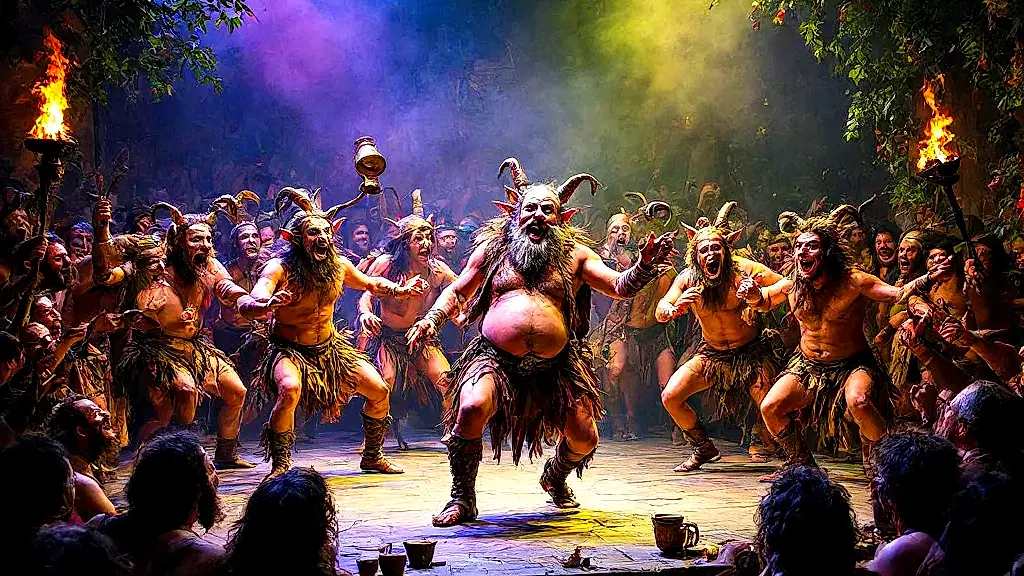 Satyrs perform wild Dionysian play in ancient Greece.