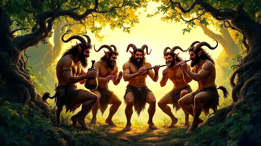 Satyrs reveling wildly in a mythic forest, half-goat, half-human.