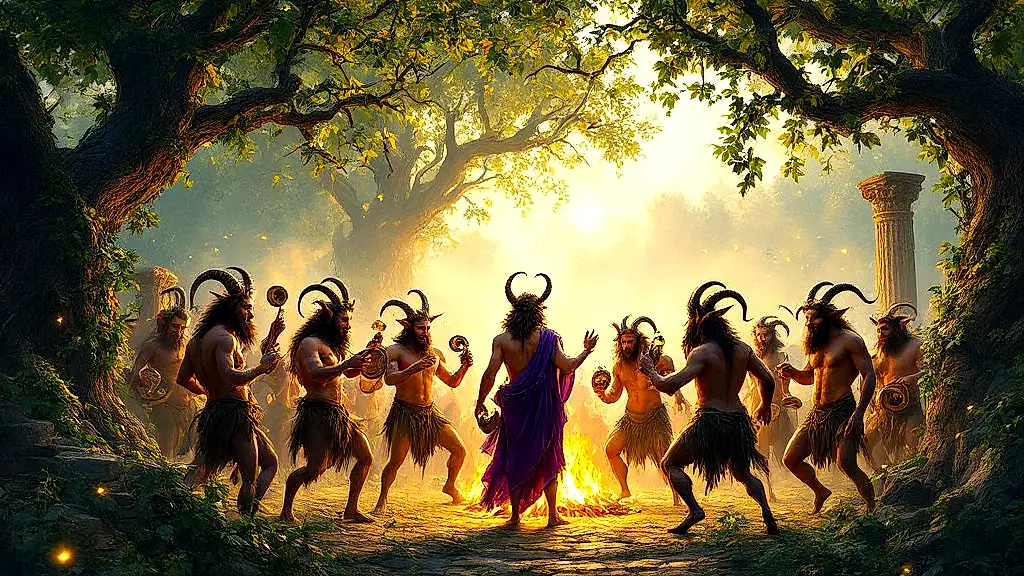 Satyrs reveling with Dionysus in a mystical forest.