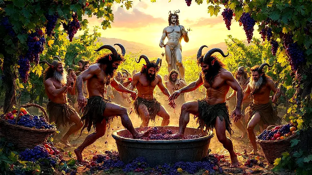 Satyrs stomp grapes in a wild Dionysian harvest festival.