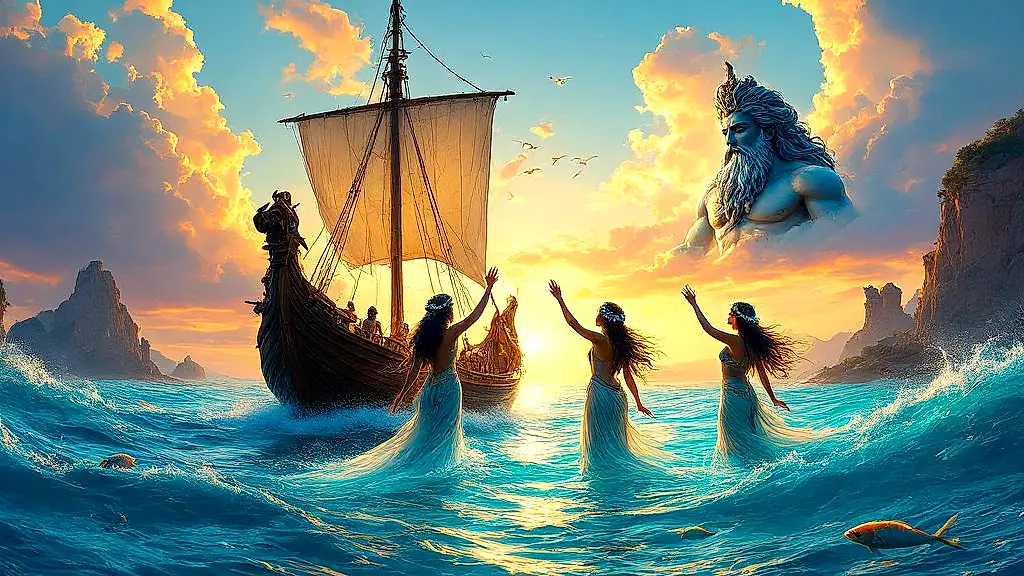 Sea nymphs protect sailors in a stormy Mediterranean sunset.