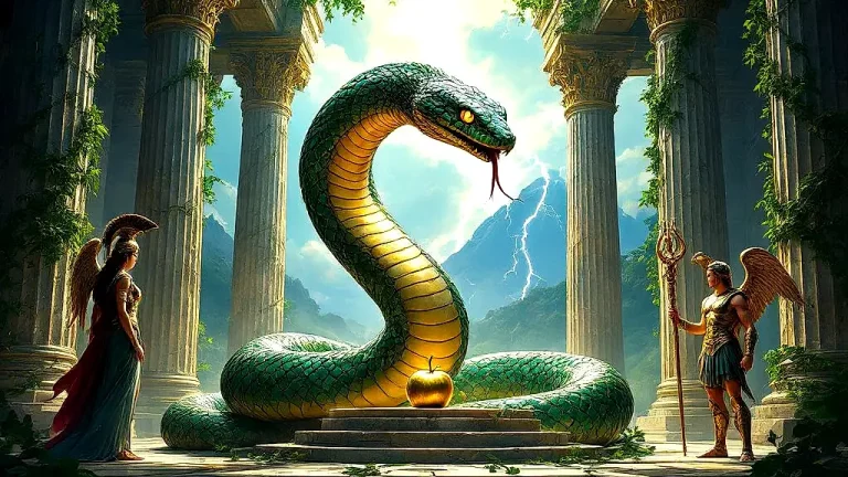 Serpent in Greek temple with Athena and Hermes.