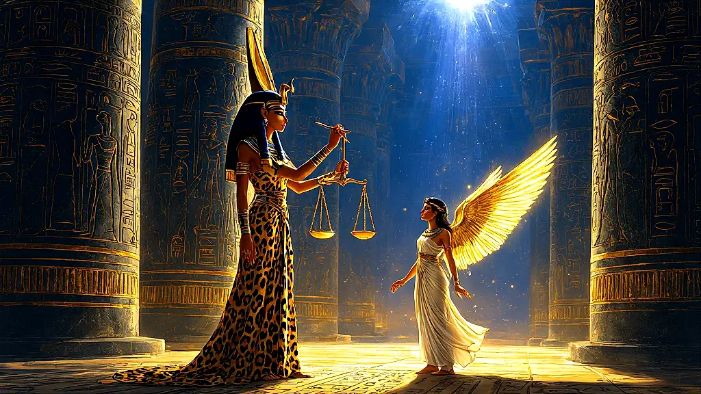 Seshat and Angelia judging souls in the Hall of Judgment.