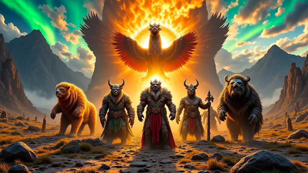 Seven mythical creatures from Norse and Greek legends in epic sunset scene.