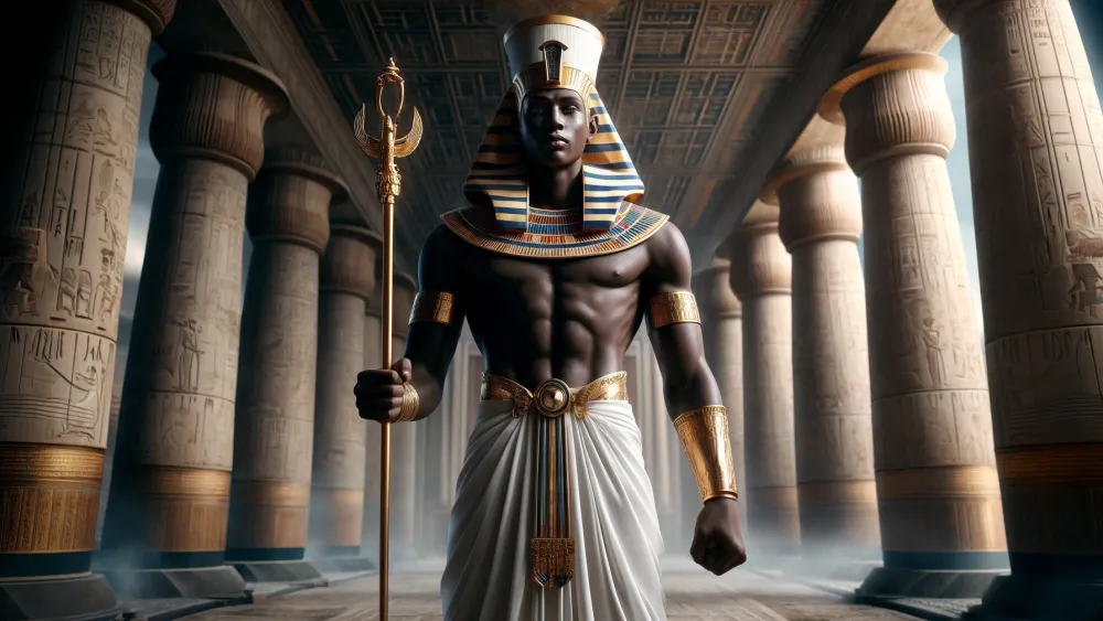 Shai, the Ancient Egyptian God of Fate, in a grand temple.