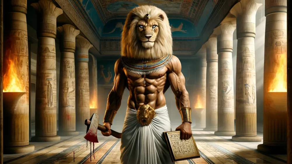Shezmu, lion headed Egyptian deity, in a grand ancient temple.