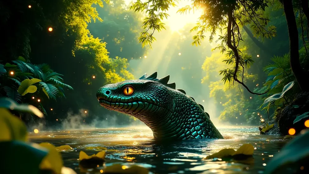 Simbi, a shimmering serpentine water spirit, emerges from a glowing rainforest river.
