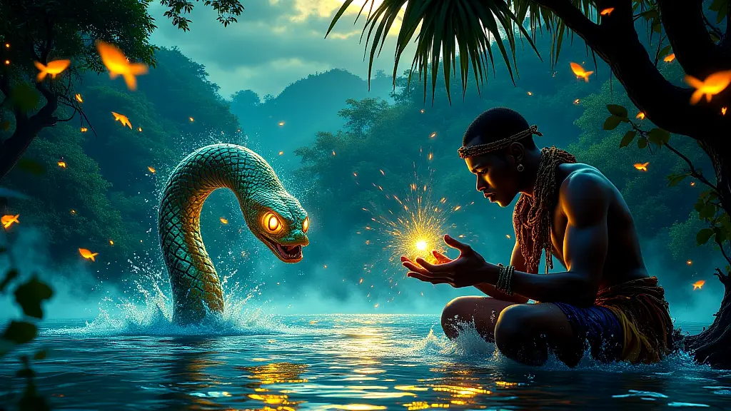 Simbi spirit delivering message at twilight river.